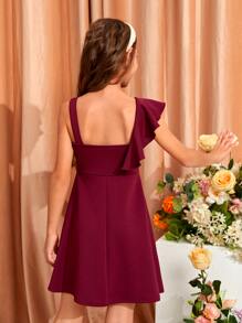 SHEIN 女孩荷葉邊不對稱領連衣裙 - 紫紅色 - 查看 2