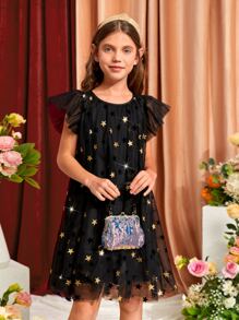 SHEIN Girls Star Print Butterfly Sleeve Mesh Overlay Dress - Black - View 6