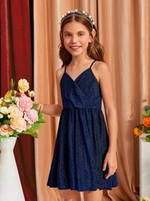 SHEIN Tween Girl Glitter Surplice Front Cami Dress - Navy Blue - View 3