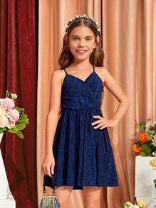 SHEIN Tween Girl Glitter Surplice Front Cami Dress - Navy Blue - View 4