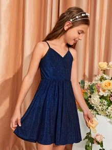 SHEIN Tween Girl Glitter Surplice Front Cami Dress - Navy Blue - View 7