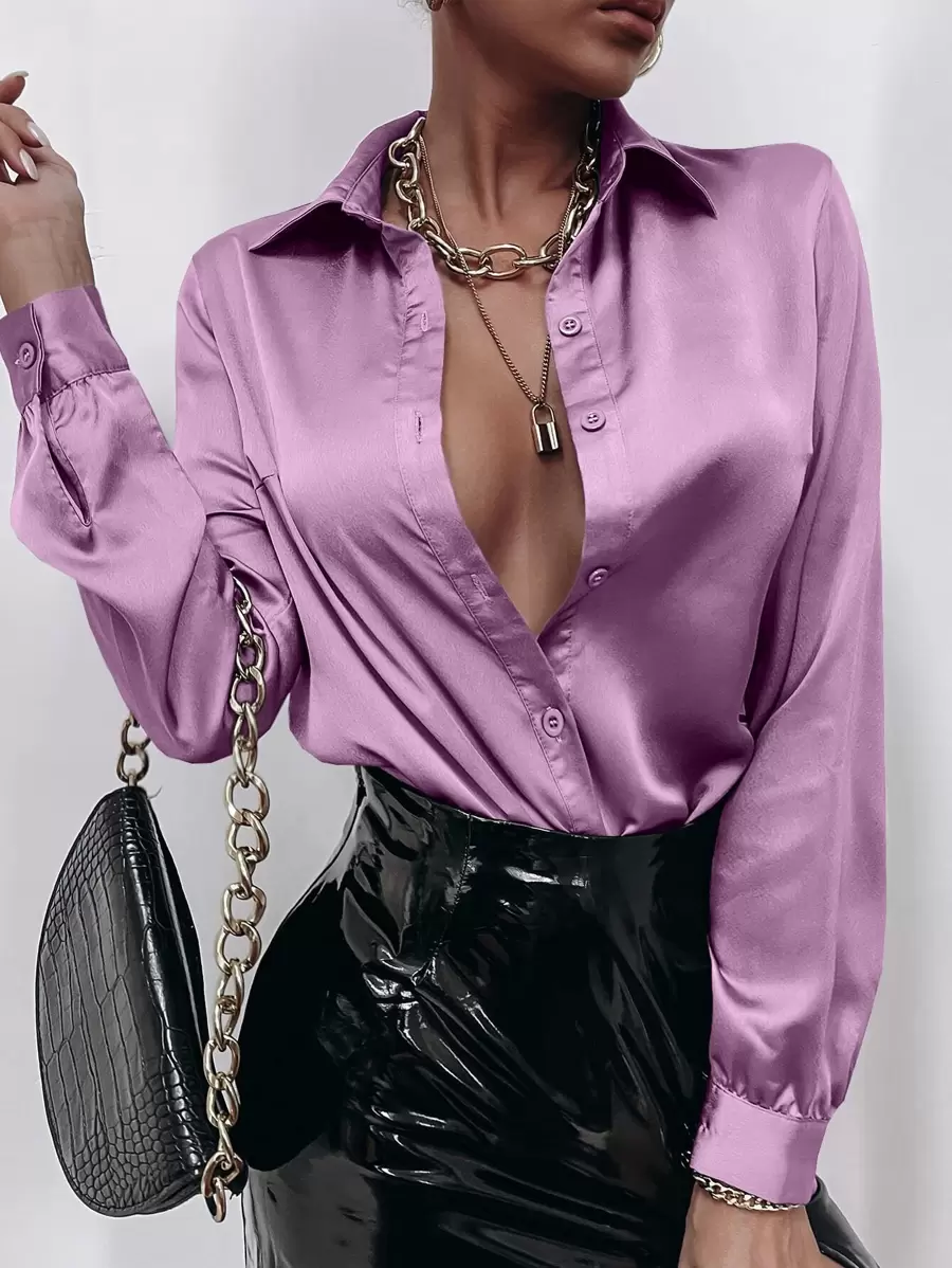 SHEIN Unity Satin Solid Button Front Shirt - Mauve Purple - View 1