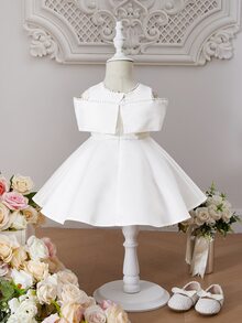 SHEIN Glamorique Kids Bebé Vestido de fiesta con lazo delantero ribete con encaje - Blanco - Ver 2