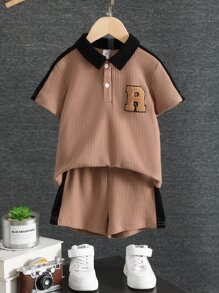 SHEIN Young Boy Letter Patched Polo Shirt & Side Stripe Shorts - Khaki - View 1