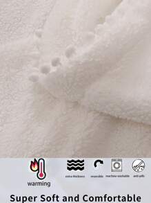 1pc Solid Color Faux Flannel Double Layer Thickened Lace Fringe Ball Blanket - White - View 5