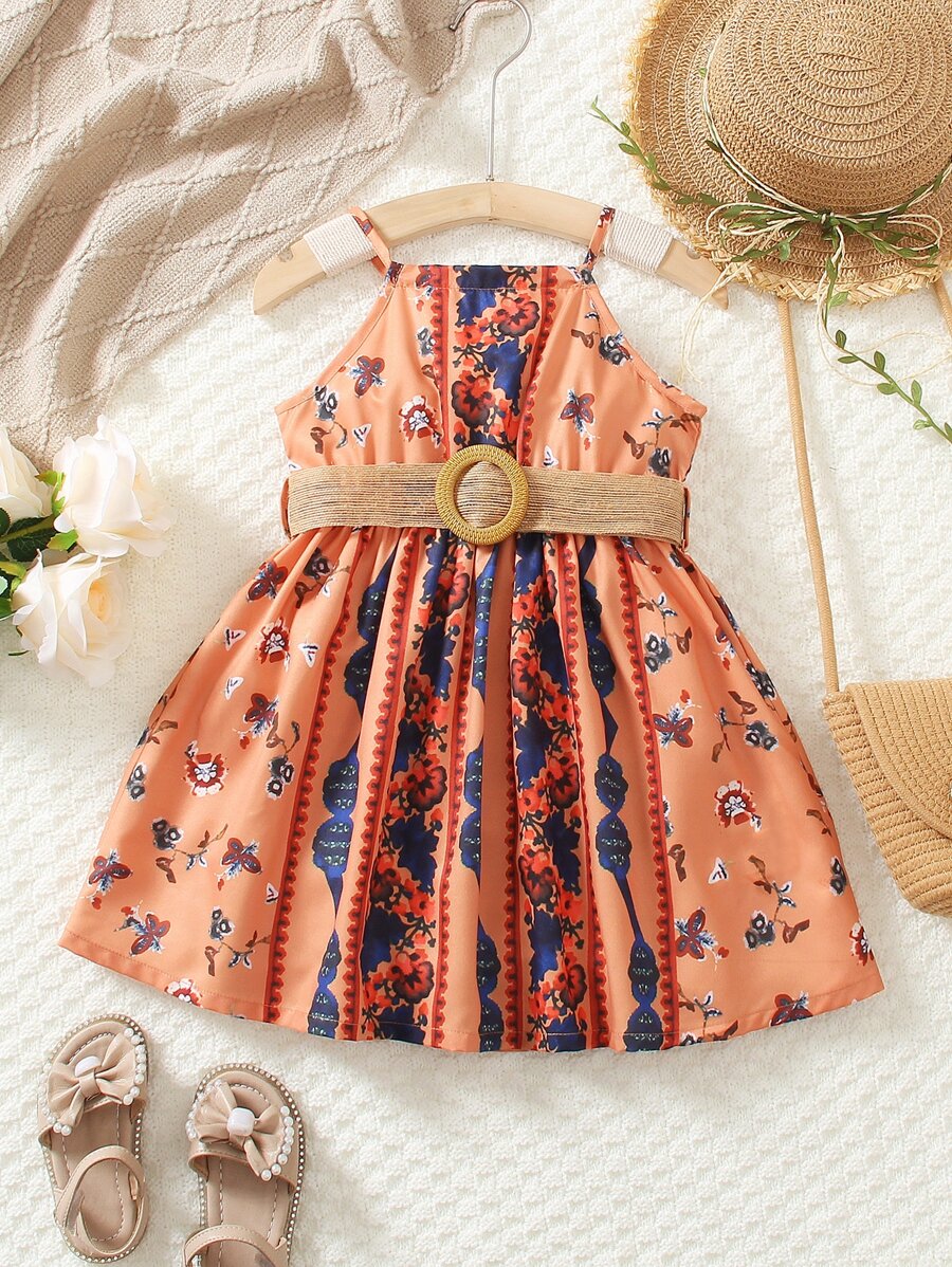 小女童印花腰帶吊帶洋裝