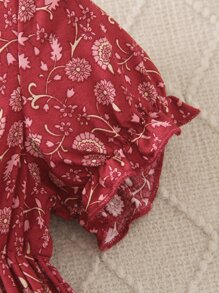 SHEIN Young Girls' Elegant Crossover V-Neck Short-Sleeved Dress With Woven Waistband, Ruffle Hem, Button Closure At Back, And Drop Waist Skirt, Perfect For Parties, Vacations, Daily Wear And Casual Summer - Red - View 3