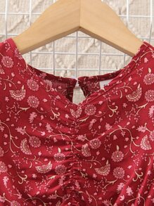 SHEIN Young Girls' Elegant Crossover V-Neck Short-Sleeved Dress With Woven Waistband, Ruffle Hem, Button Closure At Back, And Drop Waist Skirt, Perfect For Parties, Vacations, Daily Wear And Casual Summer - Red - View 4