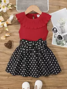 SHEIN Young Girl Ruffle Trim Tank Top & Polka Dot Skirt - Multicolor - View 1