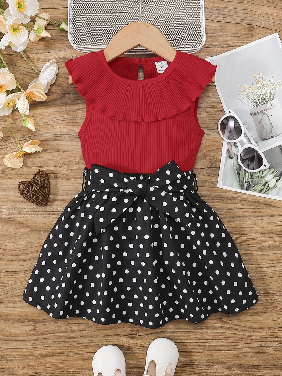 SHEIN Young Girl Ruffle Trim Tank Top & Polka Dot Skirt - Multicolor - View 1