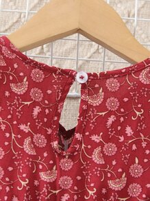 SHEIN Young Girls' Elegant Crossover V-Neck Short-Sleeved Dress With Woven Waistband, Ruffle Hem, Button Closure At Back, And Drop Waist Skirt, Perfect For Parties, Vacations, Daily Wear And Casual Summer - Red - View 8