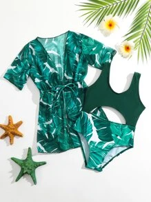 小女童熱帶圖案鏤空連體泳衣附和服 - 墨綠色 - 查看 1