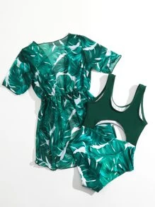 小女童熱帶圖案鏤空連體泳衣附和服 - 墨綠色 - 查看 2