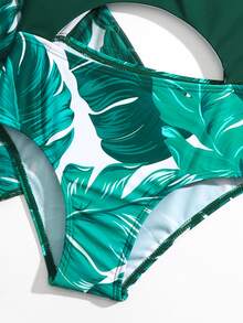 小女童熱帶圖案鏤空連體泳衣附和服 - 墨綠色 - 查看 4
