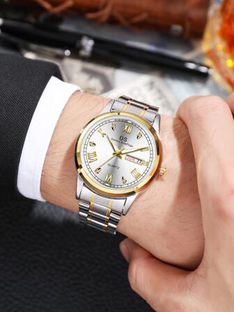 Disi Ds長方形鉚釘鑲嵌鑽石錶盤雙日曆手錶