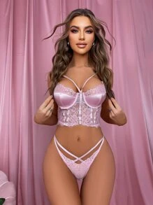 蕾絲拼接鋼圈內衣套裝 - 淺粉色 - 查看 6