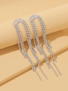 SHEIN X Lucía Bellido Rhinestone Tassel Decor Drop Earrings - Silver - View 3