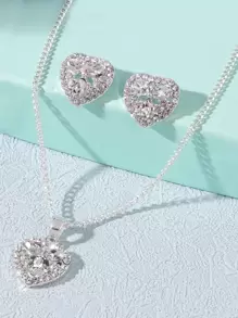 Set de joyería de 3 piezas con decoración de corazón de rhinestone para San Valentín, mamá, madre, Día de la Madre, regalo - Plateado - Ver 1