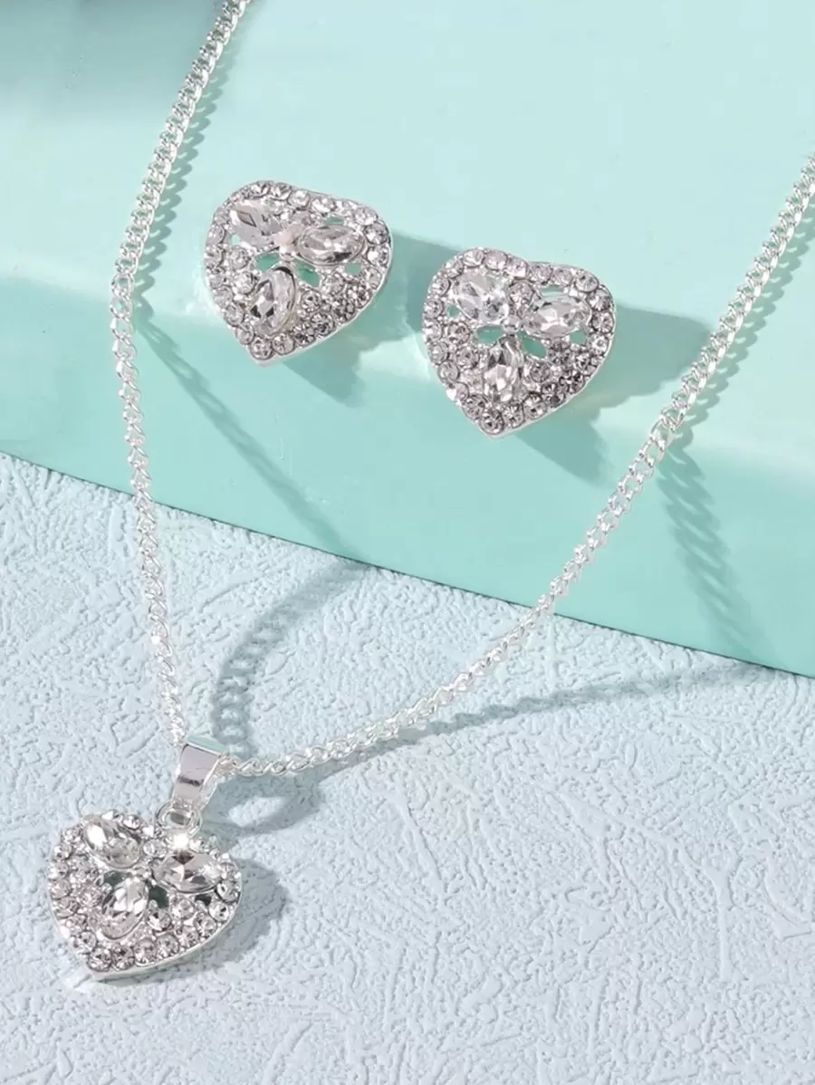 Set de joyería de 3 piezas con decoración de corazón de rhinestone para San Valentín, mamá, madre, Día de la Madre, regalo - Plateado - Ver 1