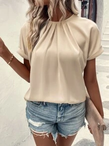 SHEIN LUNE Plicated Detail Dolman Sleeve Blouse - Khaki - View 4