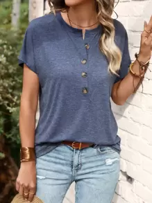 SHEIN LUNE Camiseta con botón de manga murciélago - Neblina azul - Ver 3