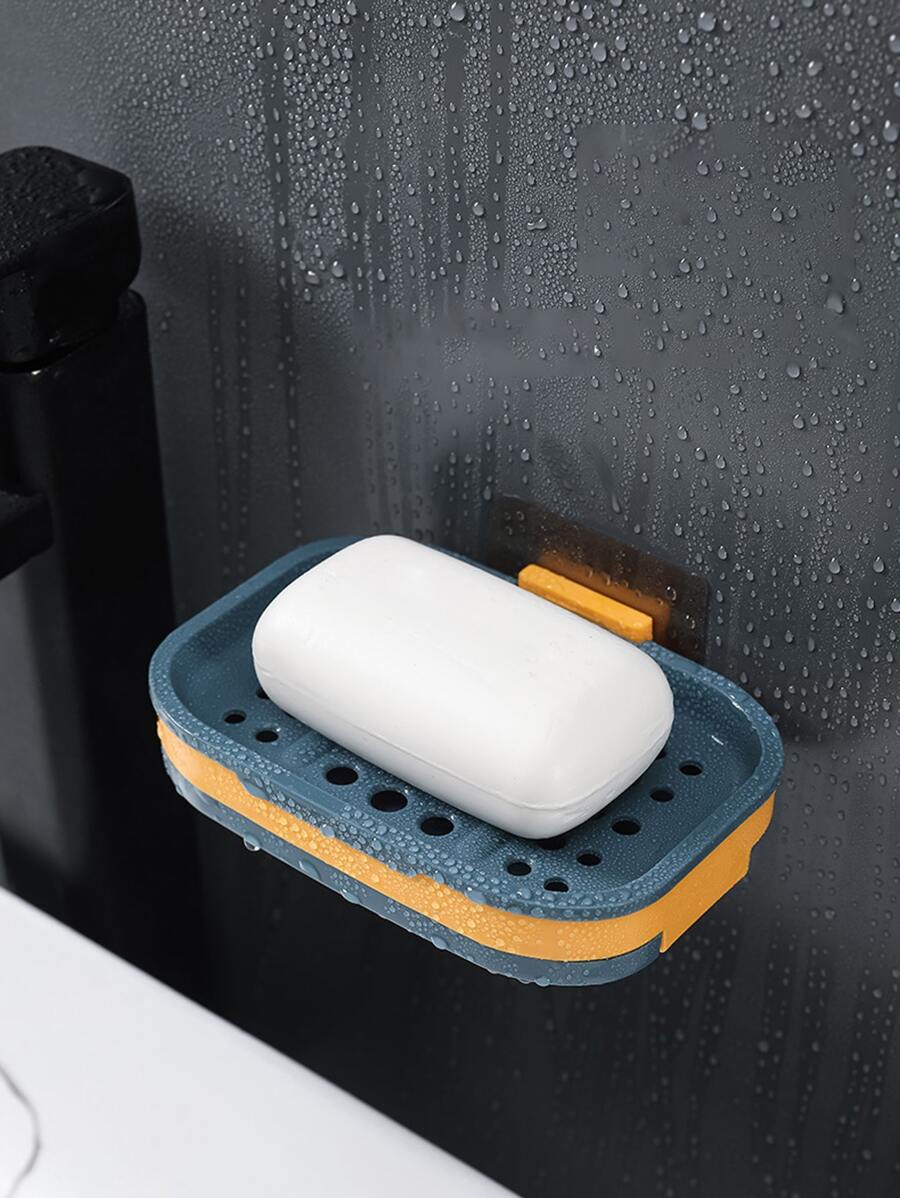 1pc Double-layer Punch-free Wall Mounted Soap Dish - Blue - View 1