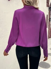 SHEIN Essnce Surplice Neck Button Cuff Lantern Sleeve Blouse - Purple - View 2