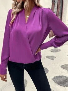 SHEIN Essnce Surplice Neck Button Cuff Lantern Sleeve Blouse - Purple - View 4