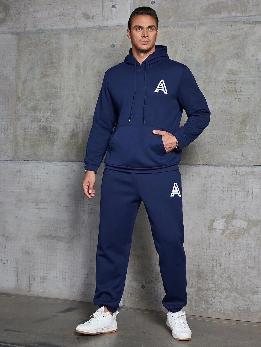 Manfinity Hombres Pantalones deportivos con capucha con estampado de letra con cordón - Azul Marino - Ver 1