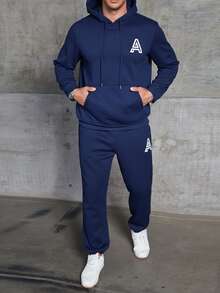 Manfinity Hombres Pantalones deportivos con capucha con estampado de letra con cordón - Azul Marino - Ver 6