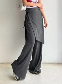 DAZY Solid Rib Knit Flare Leg Trousers With Knot Side Overlay - Grey - View 1