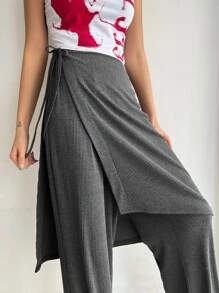 DAZY Solid Rib Knit Flare Leg Trousers With Knot Side Overlay - Grey - View 4