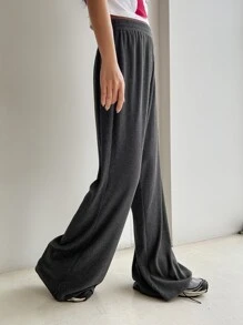 DAZY Solid Rib Knit Flare Leg Trousers With Knot Side Overlay - Grey - View 5