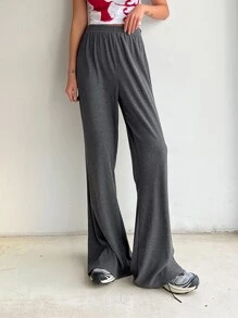 DAZY Solid Rib Knit Flare Leg Trousers With Knot Side Overlay - Grey - View 6