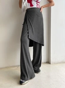 DAZY Solid Rib Knit Flare Leg Trousers With Knot Side Overlay - Grey - View 7