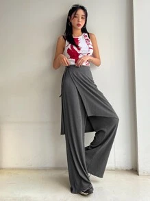 DAZY Solid Rib Knit Flare Leg Trousers With Knot Side Overlay - Grey - View 8