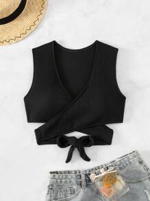 SHEIN Swim Summer Beach Plain Wrap Bikini Top - Black - View 3