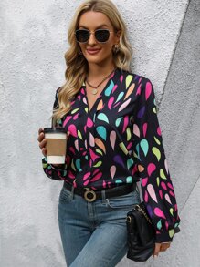 SHEIN Clasi Allover Print V Neck Blouse - Black - View 4