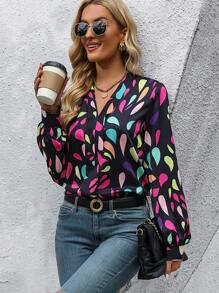 SHEIN Clasi Allover Print V Neck Blouse - Black - View 5