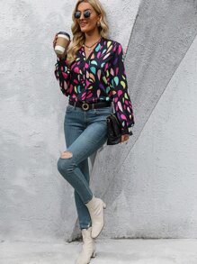 SHEIN Clasi Allover Print V Neck Blouse - Black - View 6