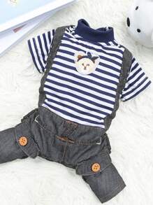1pc Striped Print Cartoon Bear Patch Detail Pet Jumpsuit - Blue - View 4