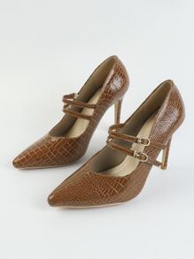 鱷魚壓紋尖頭細跟瑪麗珍淺口皮鞋 - 棕色 - 查看 4