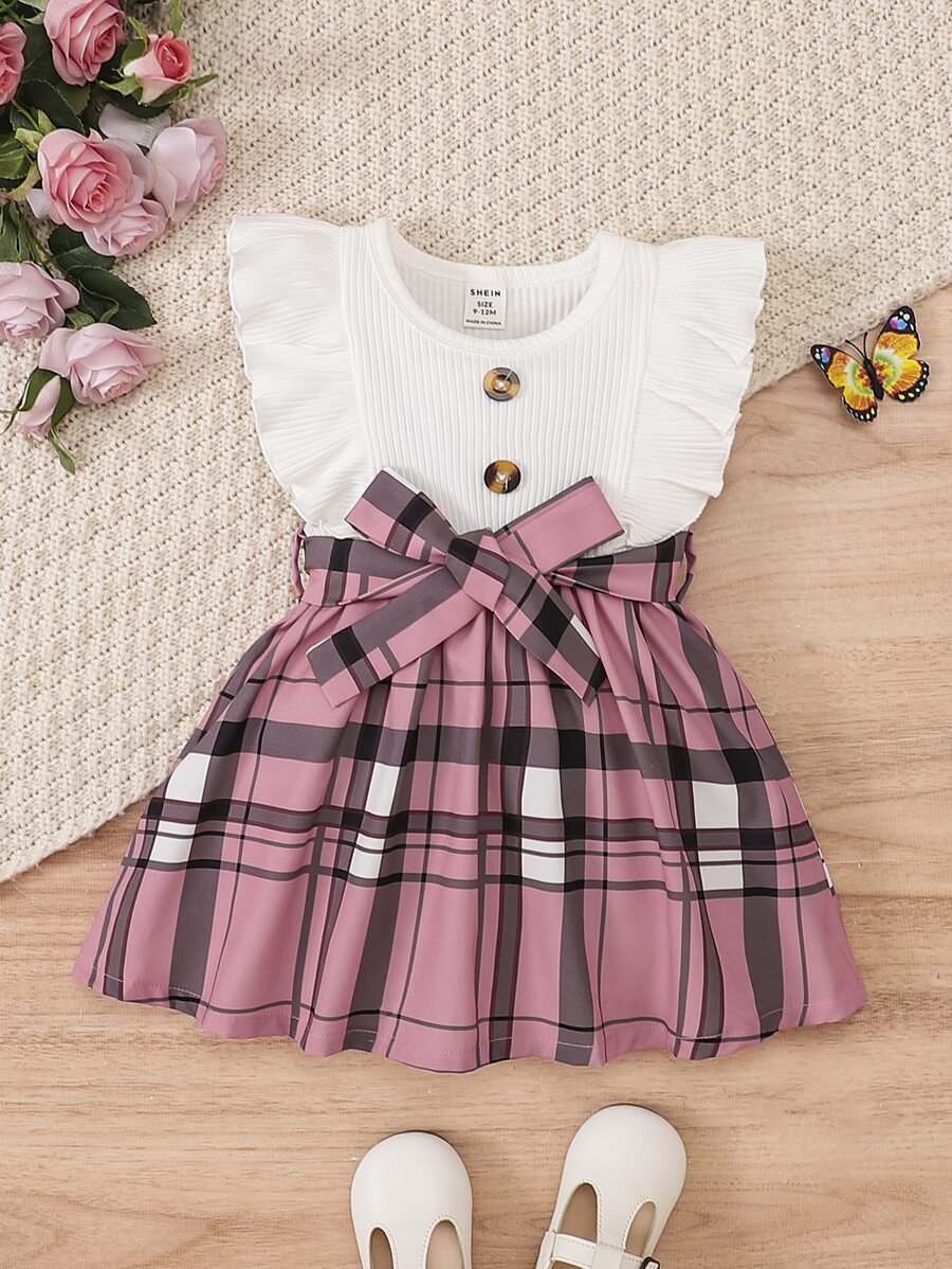 嬰兒格紋荷葉邊繫腰帶連衣裙 - 彩色 - 查看 1