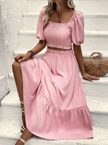 SHEIN VCAY Shirred Puff Sleeve Crop Top & Ruffle Hem Skirt - Pink - View 1