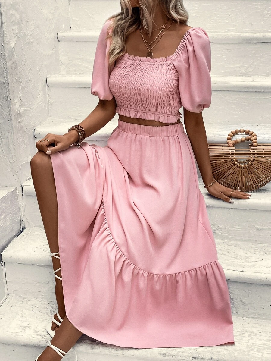 SHEIN VCAY Shirred Puff Sleeve Crop Top & Ruffle Hem Skirt - Pink - View 1