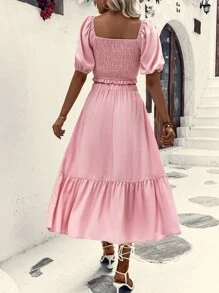 SHEIN VCAY Shirred Puff Sleeve Crop Top & Ruffle Hem Skirt - Pink - View 2