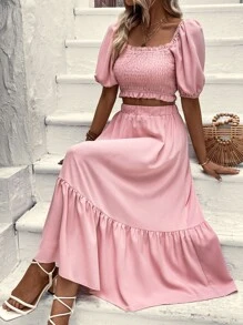 SHEIN VCAY Shirred Puff Sleeve Crop Top & Ruffle Hem Skirt - Pink - View 4