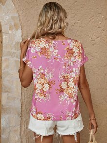 SHEIN LUNE Floral Print Keyhole Neck Batwing Sleeve Blouse - Pink - View 2