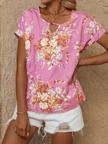 SHEIN LUNE Floral Print Keyhole Neck Batwing Sleeve Blouse - Pink - View 4