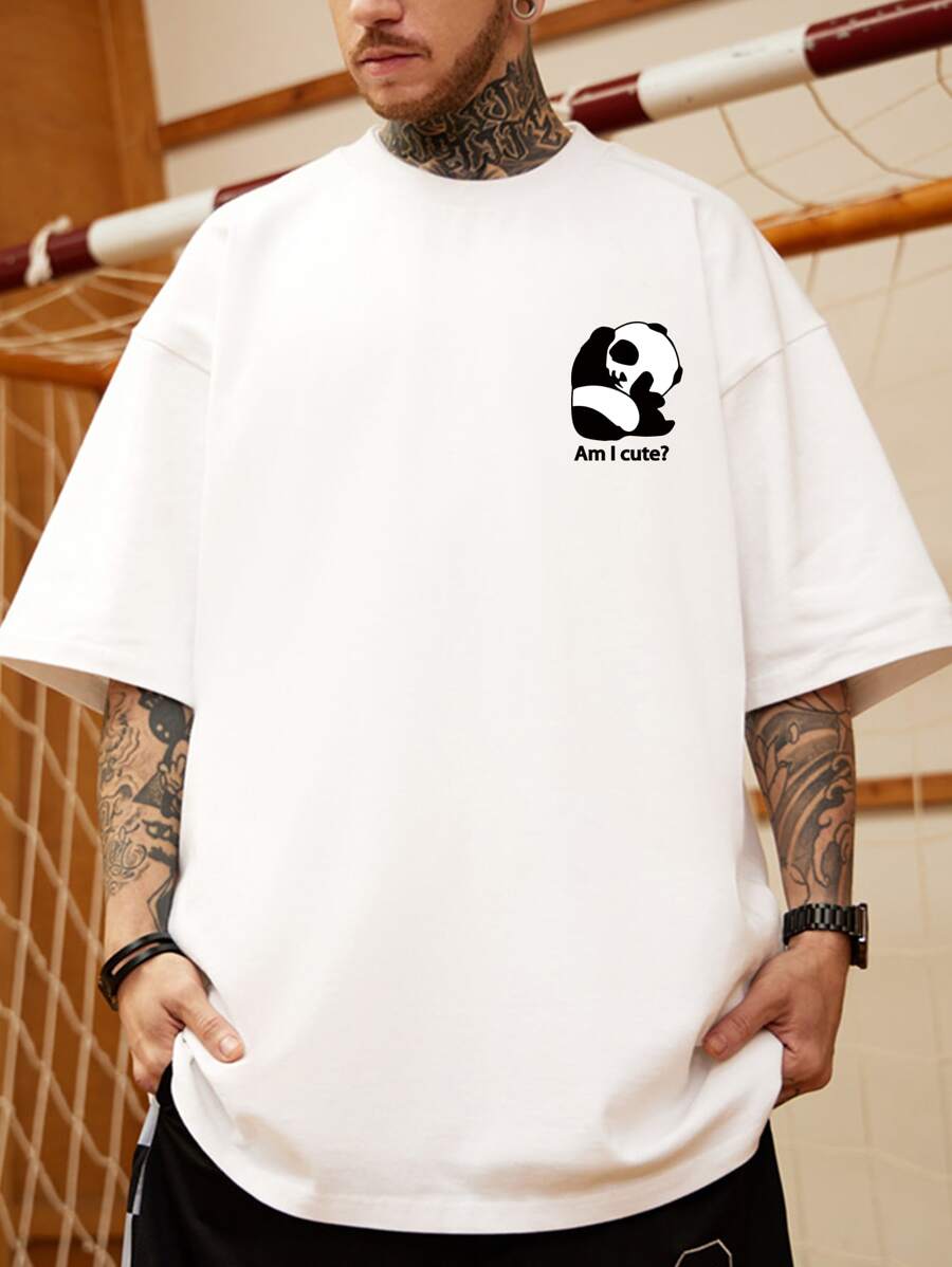 Manfinity Homme Hombres Camiseta con estampado de panda y slogan - Blanco - Ver 1